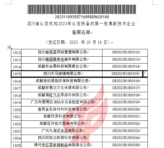 喜報(bào)！四川天馬玻璃有限公司再次被認(rèn)定為國(guó)家級(jí)高新技術(shù)企業(yè)(圖2)